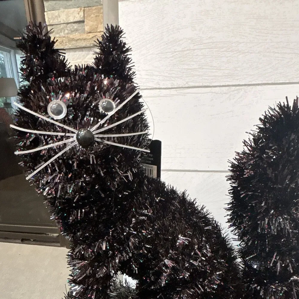 Ashland Halloween Black Tinsel Sitting Cat & Bat Decor w/ Faux Straw Bale